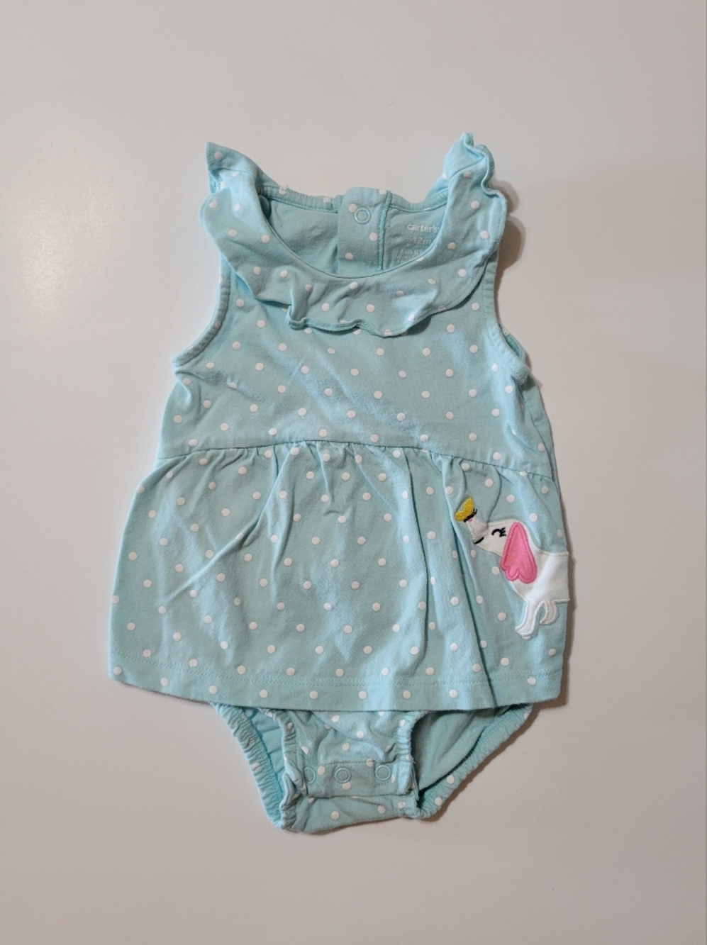 Carter’s Baby Girl 12M Polka Dot Romper Blue Bird Flutter Sleeve One Piece